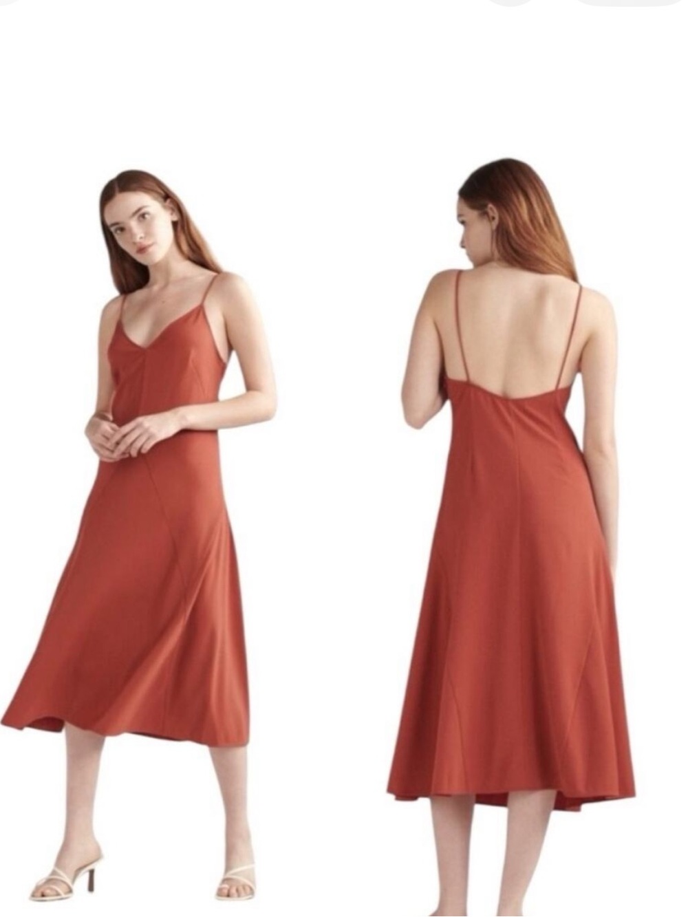 Thakoon Rust-Orange Slip Midi Dress with Spaghetti Straps